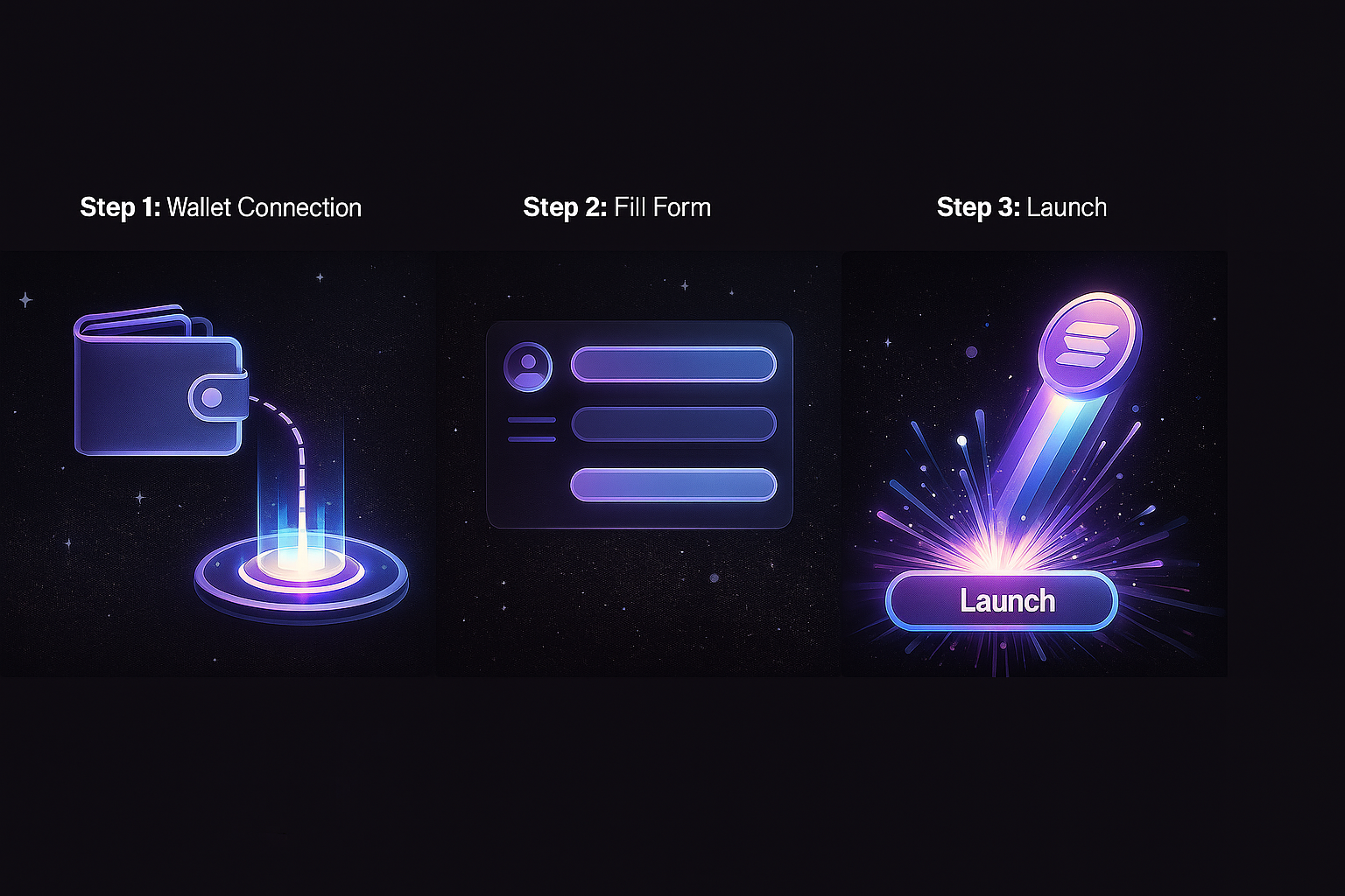 Three steps to create a token: wallet connection, fill form, and launch